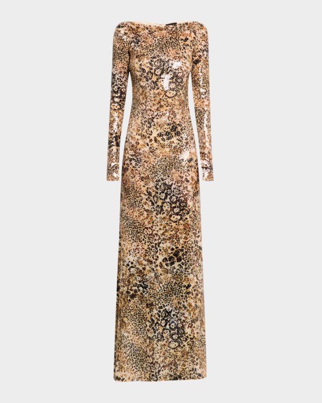 Leopard Sequined Long-Sleeve Gown